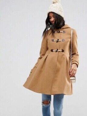 ASOS Camel Duffle swing fit pea coat w hood pockets